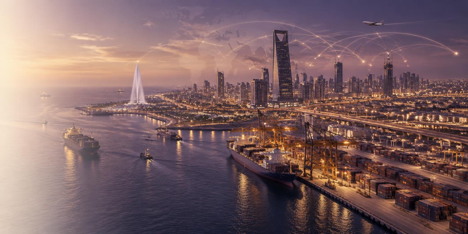 Jeddah waterfront, King Fahd Fountain and port infrastructure